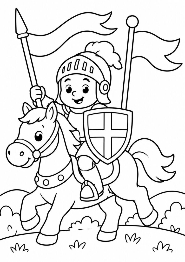 A coloring page featuring a knight in armor riding a horse across a hilly landscape. The knight carries a spear and shield, with flags flying in the background. This scene invites creative play and coloring with its charming and adventurous theme.