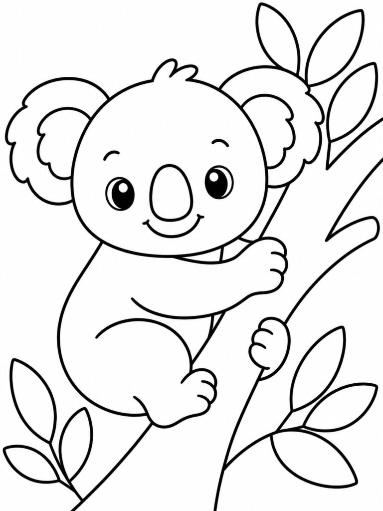 A happy koala sits on a tree branch surrounded by leaves. Kids can color its fluffy ears and adorable face, making learning about koalas fun and creative.