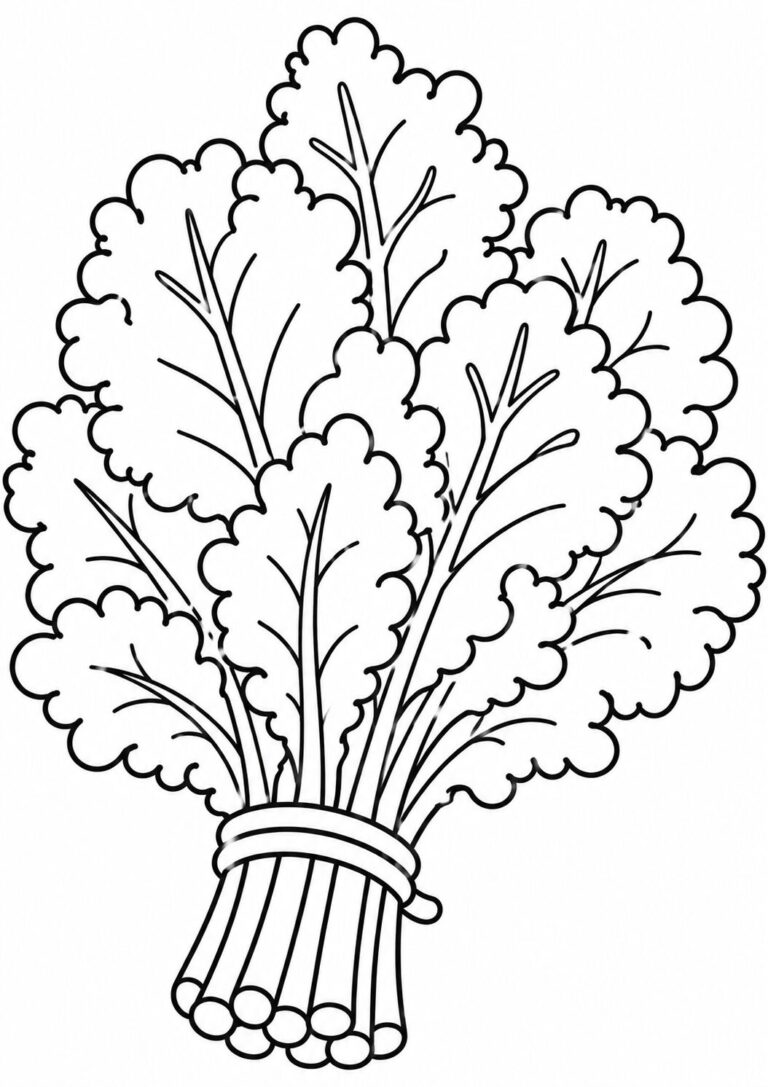 A children's coloring page featuring a detailed illustration of a bunch of leafy greens, perfect for young artists to fill in with shades of green and learn about vegetables.