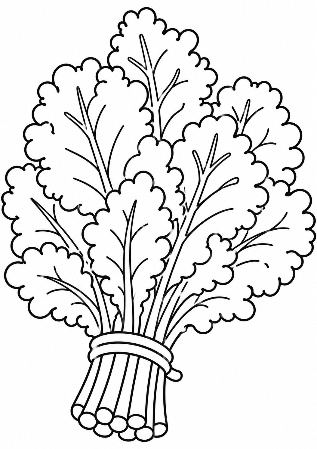 A children's coloring page featuring a detailed illustration of a bunch of leafy greens, perfect for young artists to fill in with shades of green and learn about vegetables.