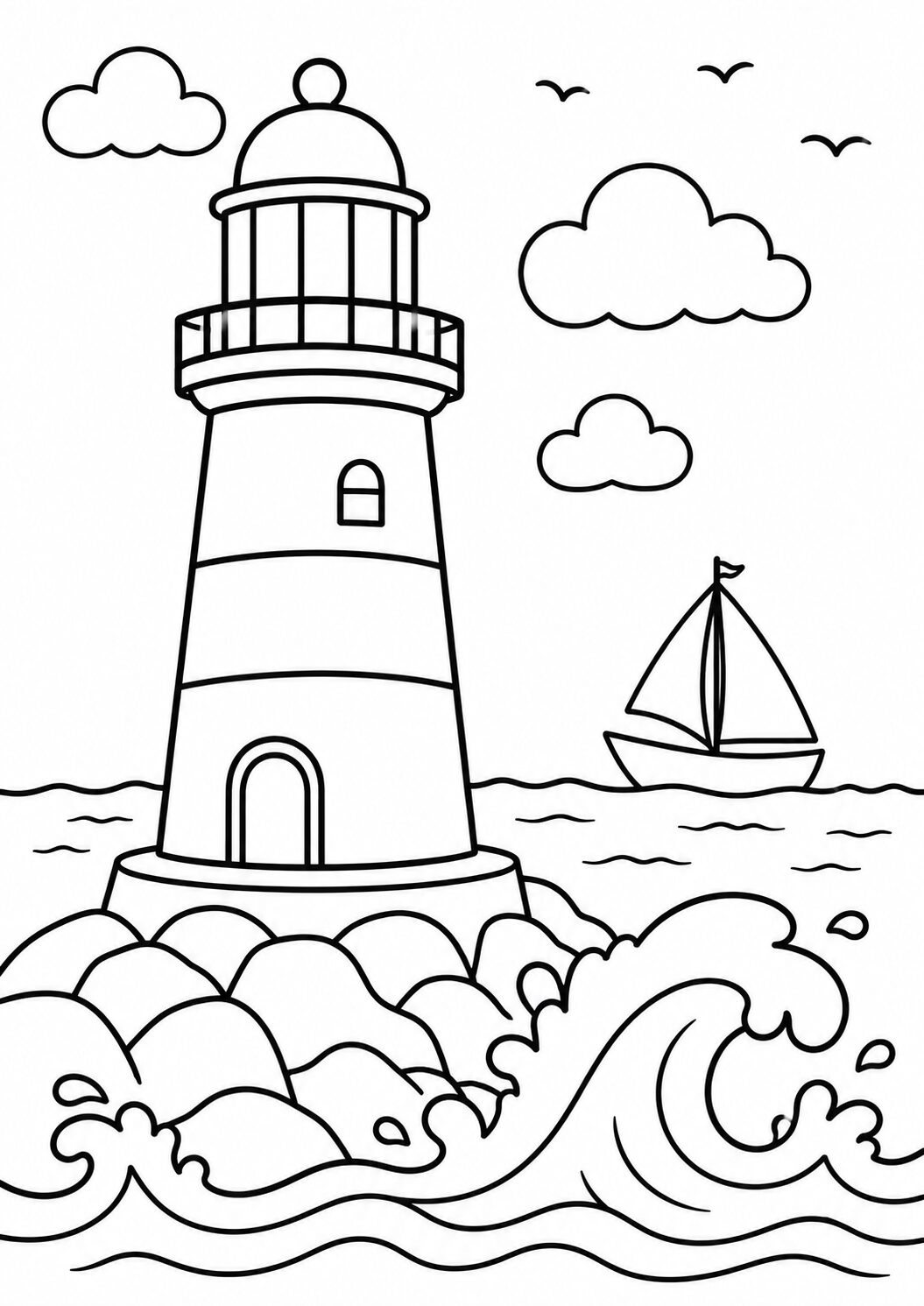 A coloring page depicting a lighthouse by the sea with waves, a sailboat, fluffy clouds, and birds in the sky, inviting children to add colors and bring the scene to life.