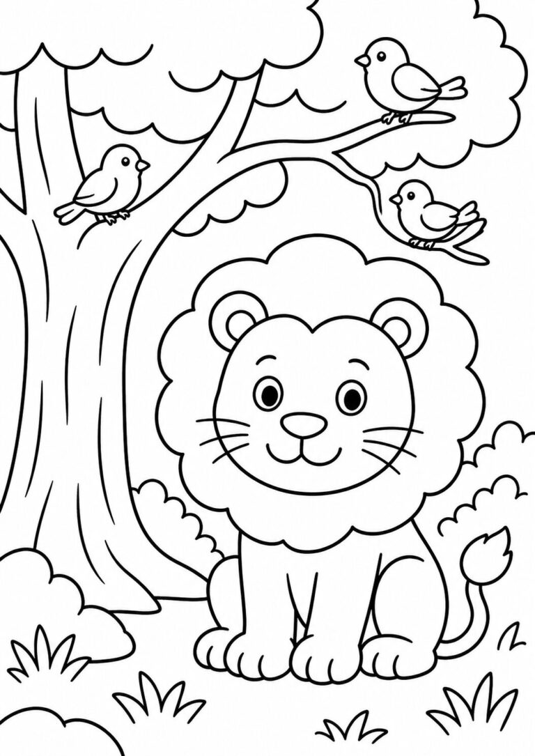 Children's coloring page with a cute lion sitting under a tree. Three small birds are perched on the branches. The background features bushes and grass, creating a natural setting that is simple yet fun to color.