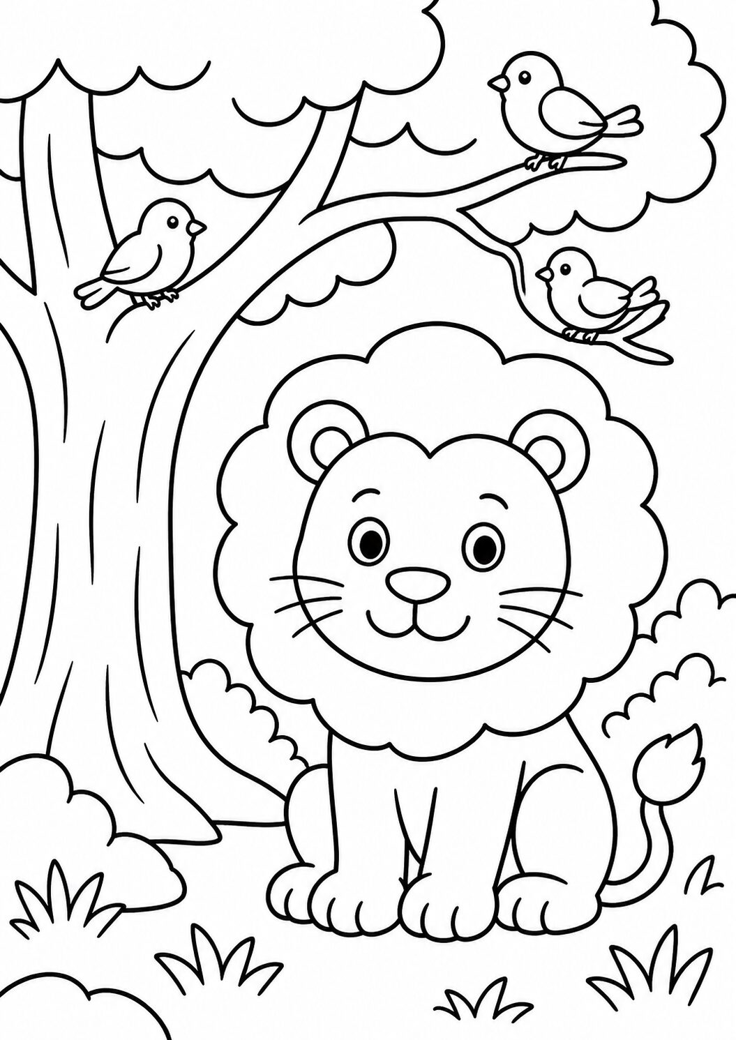 Children's coloring page with a cute lion sitting under a tree. Three small birds are perched on the branches. The background features bushes and grass, creating a natural setting that is simple yet fun to color.