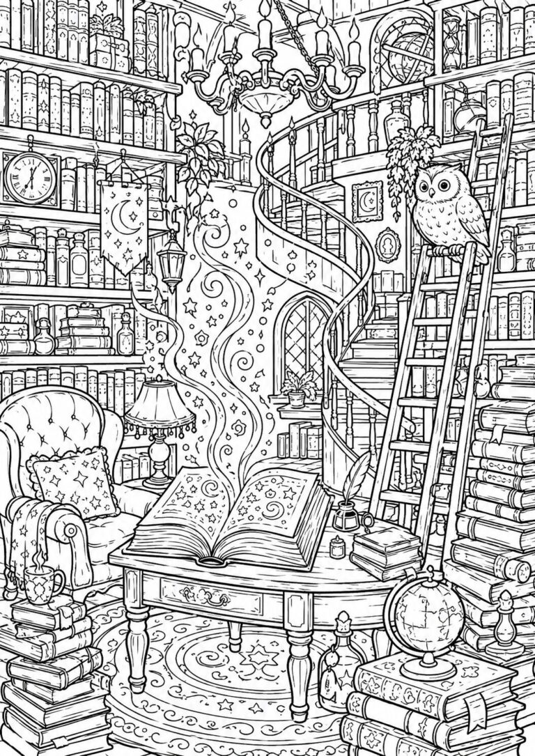 Magical library scene with owl on ladder, spiral staircase, bookshelves filled with books, an open magic book on a table, and a cozy armchair. Children can color intricate details like stars, and moon decorations.