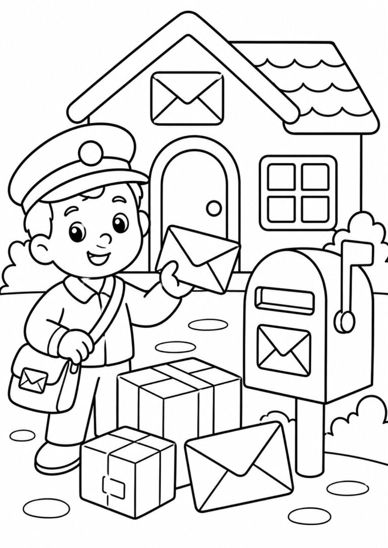A delightful mailman delivering letters with a mailbox and packages. Children can color the friendly mailman, his hat, mailbag, and surrounding garden. A great way to learn about community helpers.
