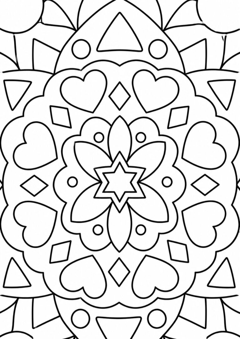 Intricate mandala coloring page with heart shapes and geometric patterns. Designed for children's creativity and relaxation, offering a fun and calming coloring experience.