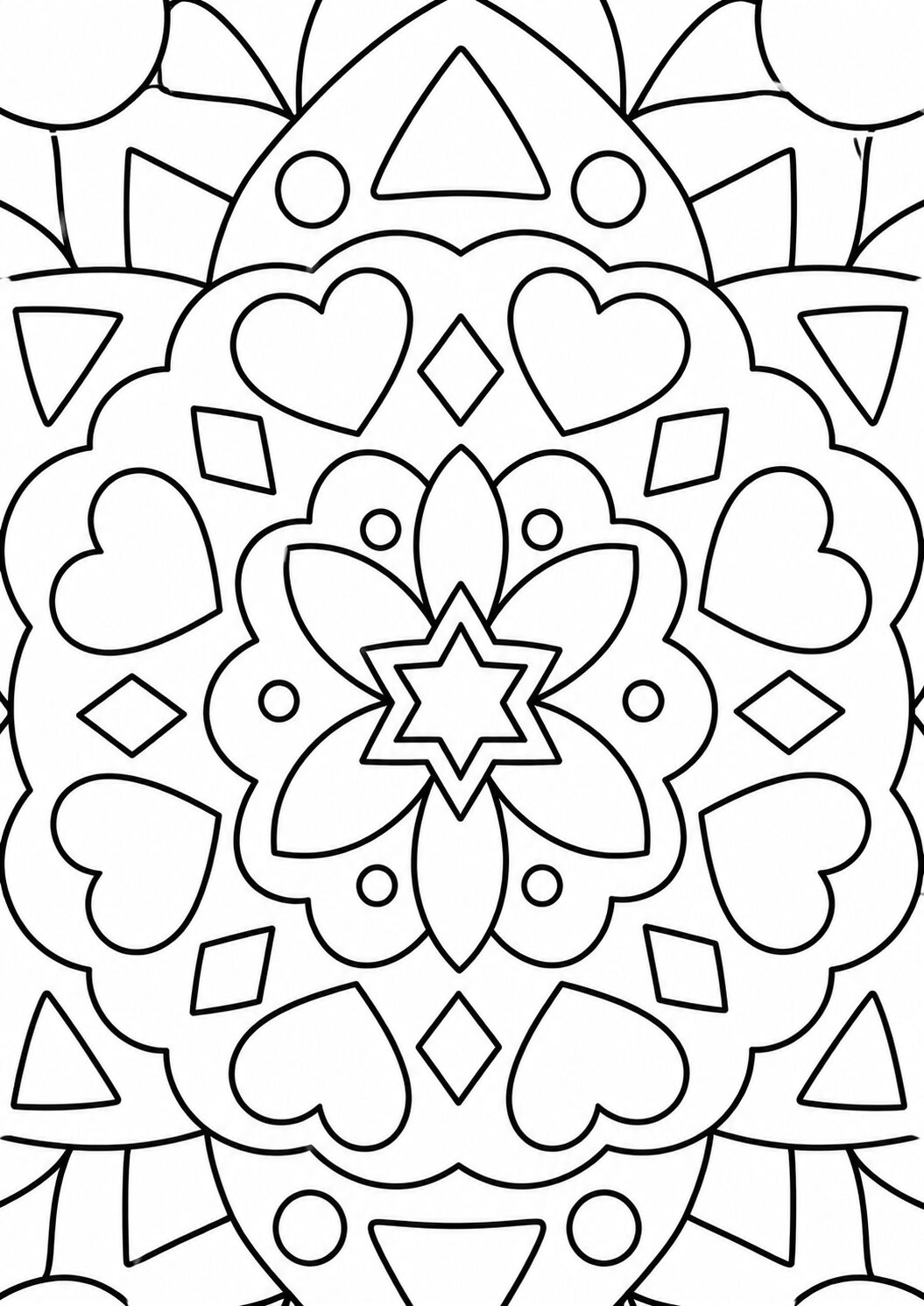 Intricate mandala coloring page with heart shapes and geometric patterns. Designed for children's creativity and relaxation, offering a fun and calming coloring experience.