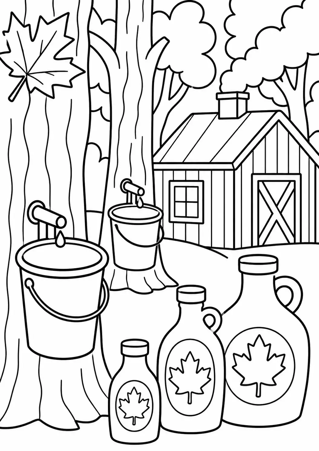 Coloring page of a maple syrup forest with tapped trees, syrup buckets, and bottles featuring maple leaves. A rustic cabin is surrounded by trees, creating an engaging scene for children to explore and color.