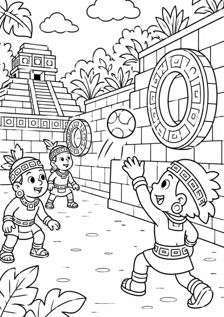 Coloring page depicting children playing a traditional Mayan ball game. Includes a pyramid, stone hoops, and children in traditional attire, surrounded by lush plants.