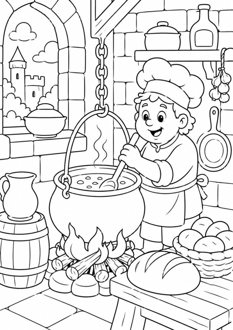 This coloring page shows a happy cook in a medieval kitchen, stirring a steaming cauldron. The backdrop includes a stone wall, loafs of bread, and a castle visible through the window.