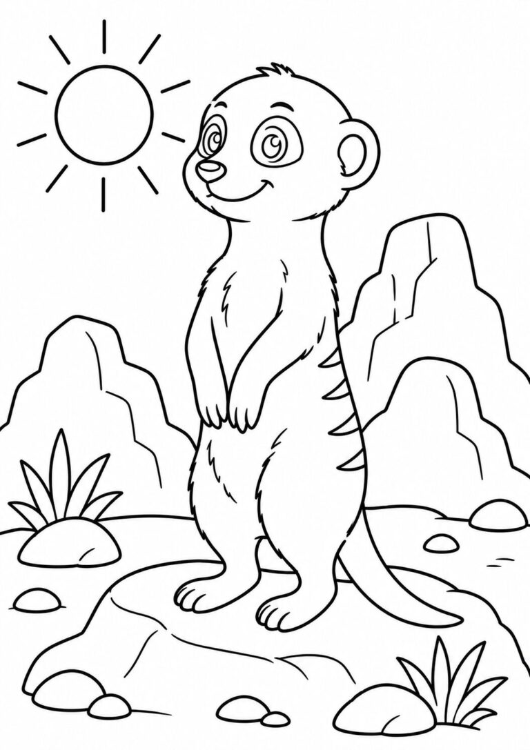 Cute meerkat standing on a rock under the sun, surrounded by desert scenery with rocks and plants. This coloring page offers a fun activity for children to explore their creativity.