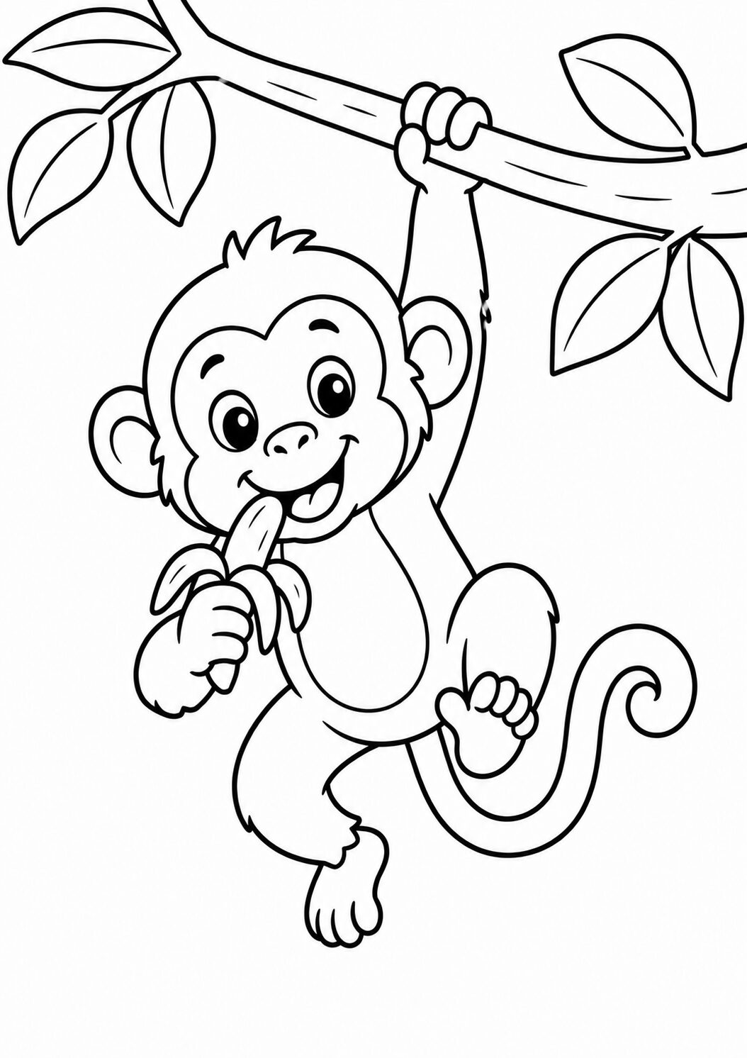 Monkey coloring page with a happy monkey hanging from a branch eating a banana. Perfect for children to color and explore their creativity. Simplistic lines make it easy for young kids to enjoy and complete. A fun activity to engage children in jungle animal themes.