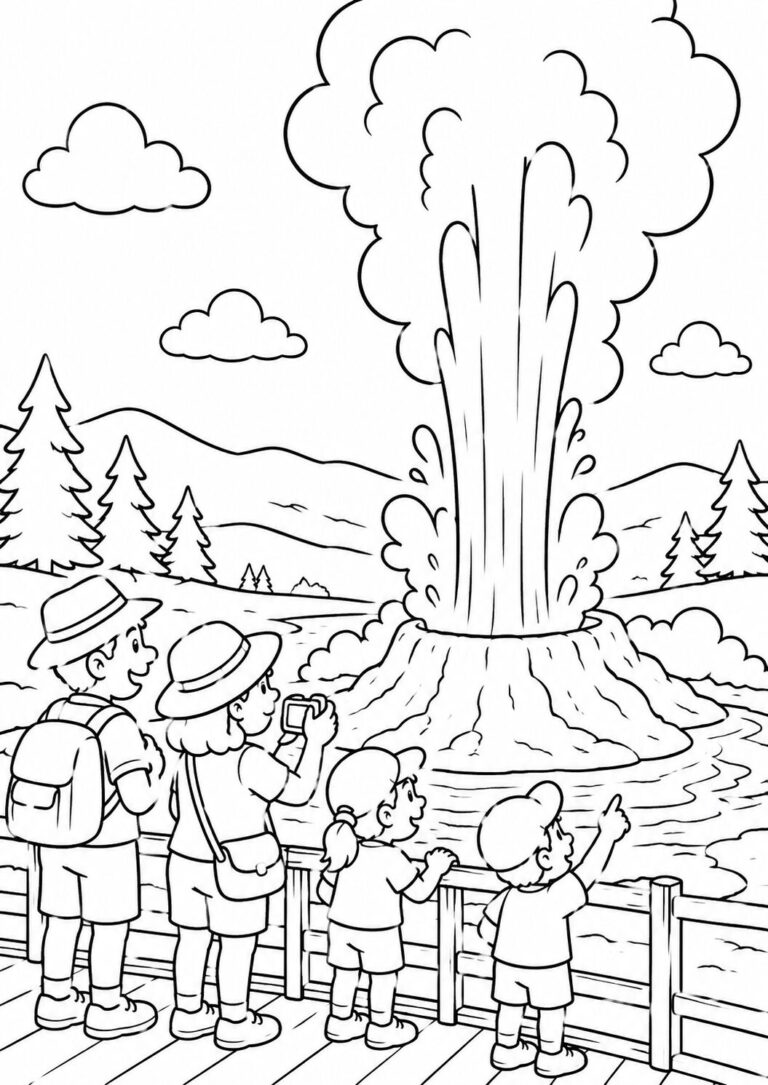 A family stands on a wooden platform watching a geyser erupt in a scenic outdoor setting, with trees and mountains in the background, ideal for a fun and educational coloring activity.