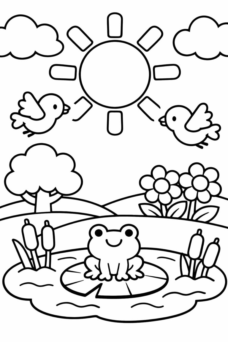 A charming coloring page showing a frog on a lily pad in a pond, birds flying under a sunny sky, and beautiful flowers blooming in a peaceful natural setting. Perfect for children to color and enjoy the beauty of nature.