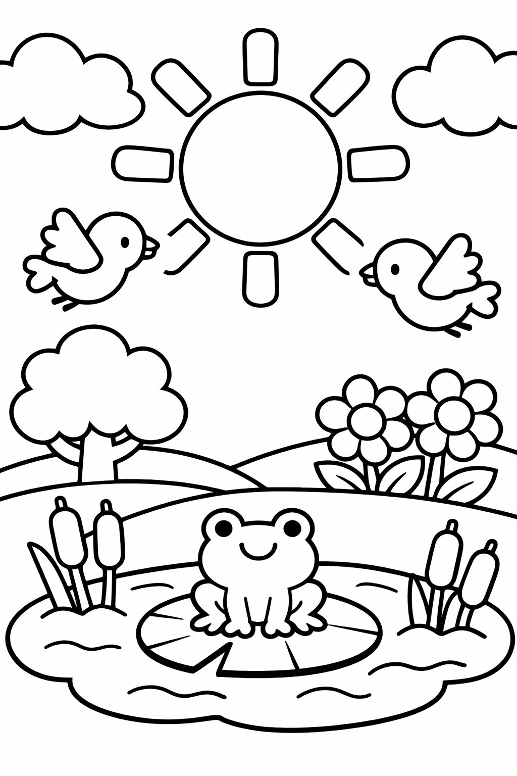 A charming coloring page showing a frog on a lily pad in a pond, birds flying under a sunny sky, and beautiful flowers blooming in a peaceful natural setting. Perfect for children to color and enjoy the beauty of nature.