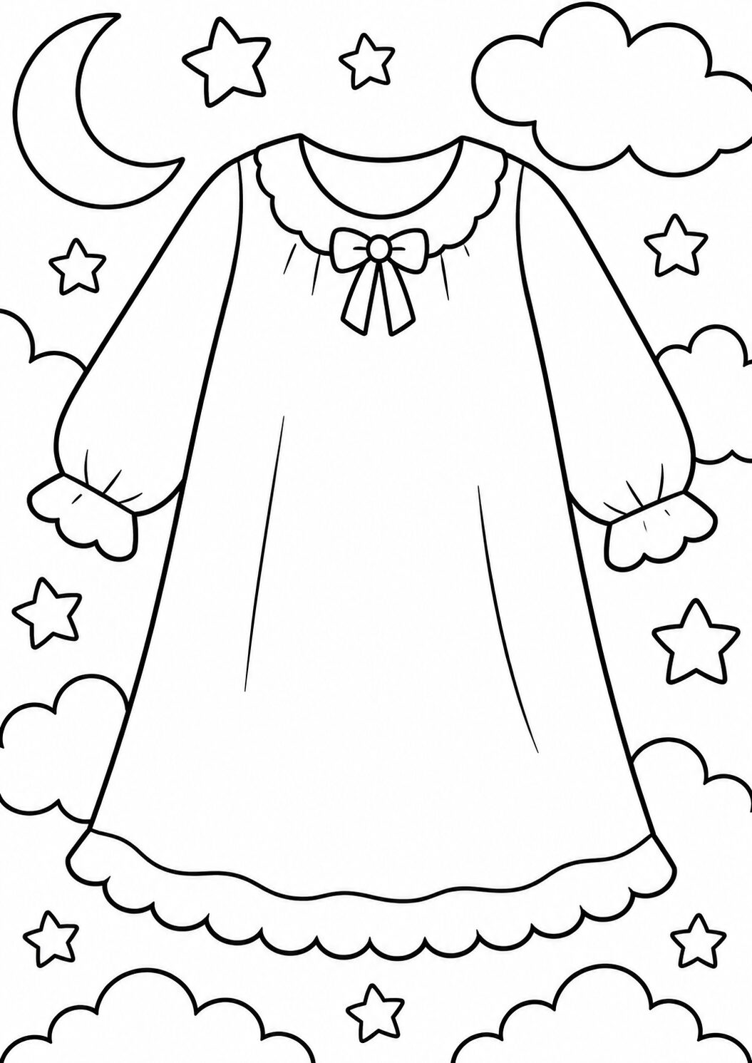 A charming coloring page illustration of a nightgown adorned with a bow, surrounded by whimsical stars and clouds, creating a peaceful and dreamy setting perfect for children's coloring activities.