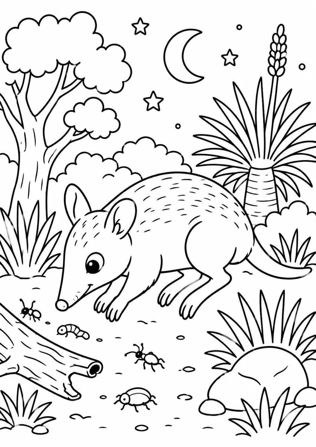 Black and white illustration of a curious cartoon animal in a nighttime setting with trees, plants, and insects, all under a crescent moon and stars in the sky.