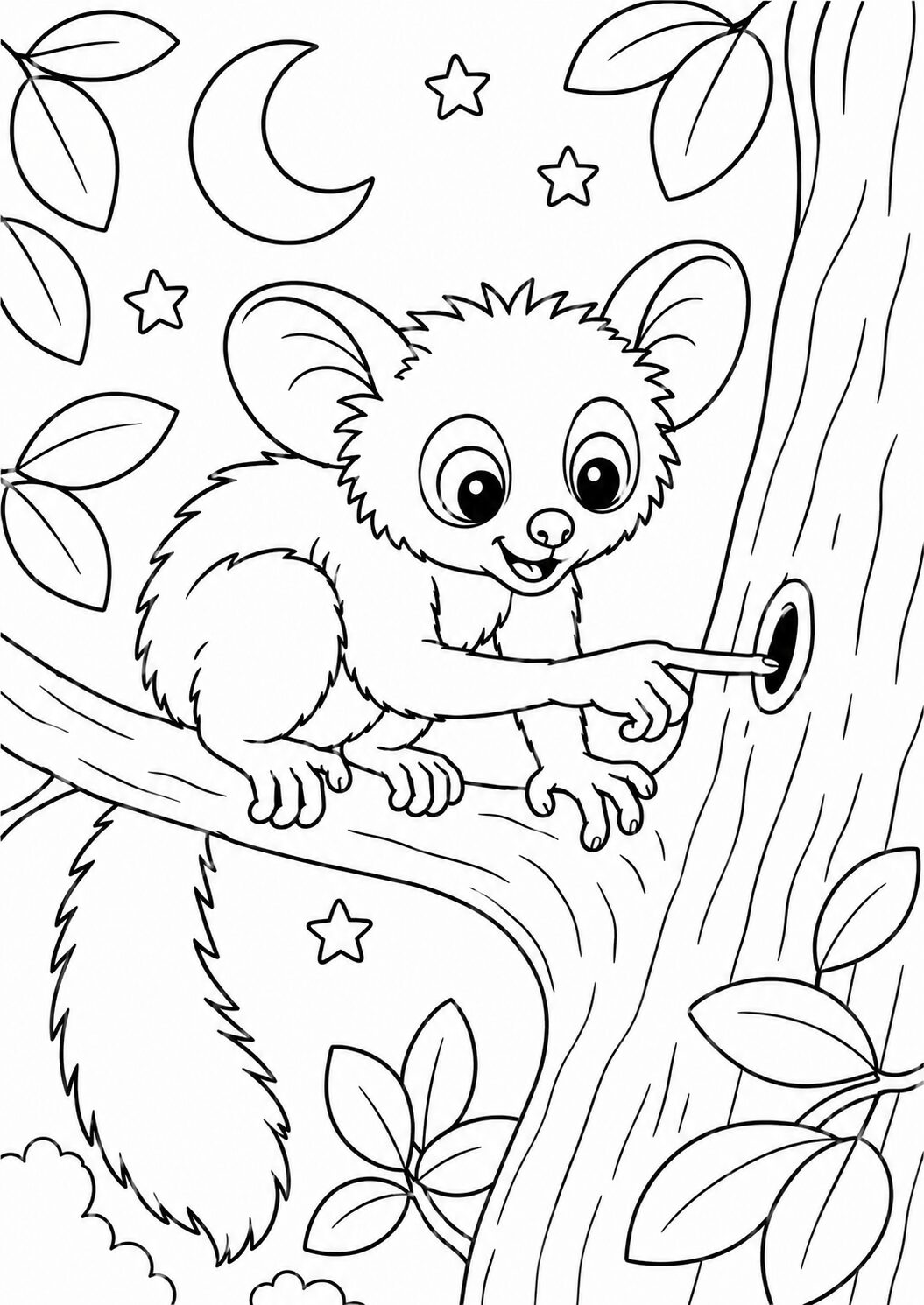 Illustration of a friendly nocturnal lemur on a tree branch beneath a starry sky, surrounded by leaves and stars.