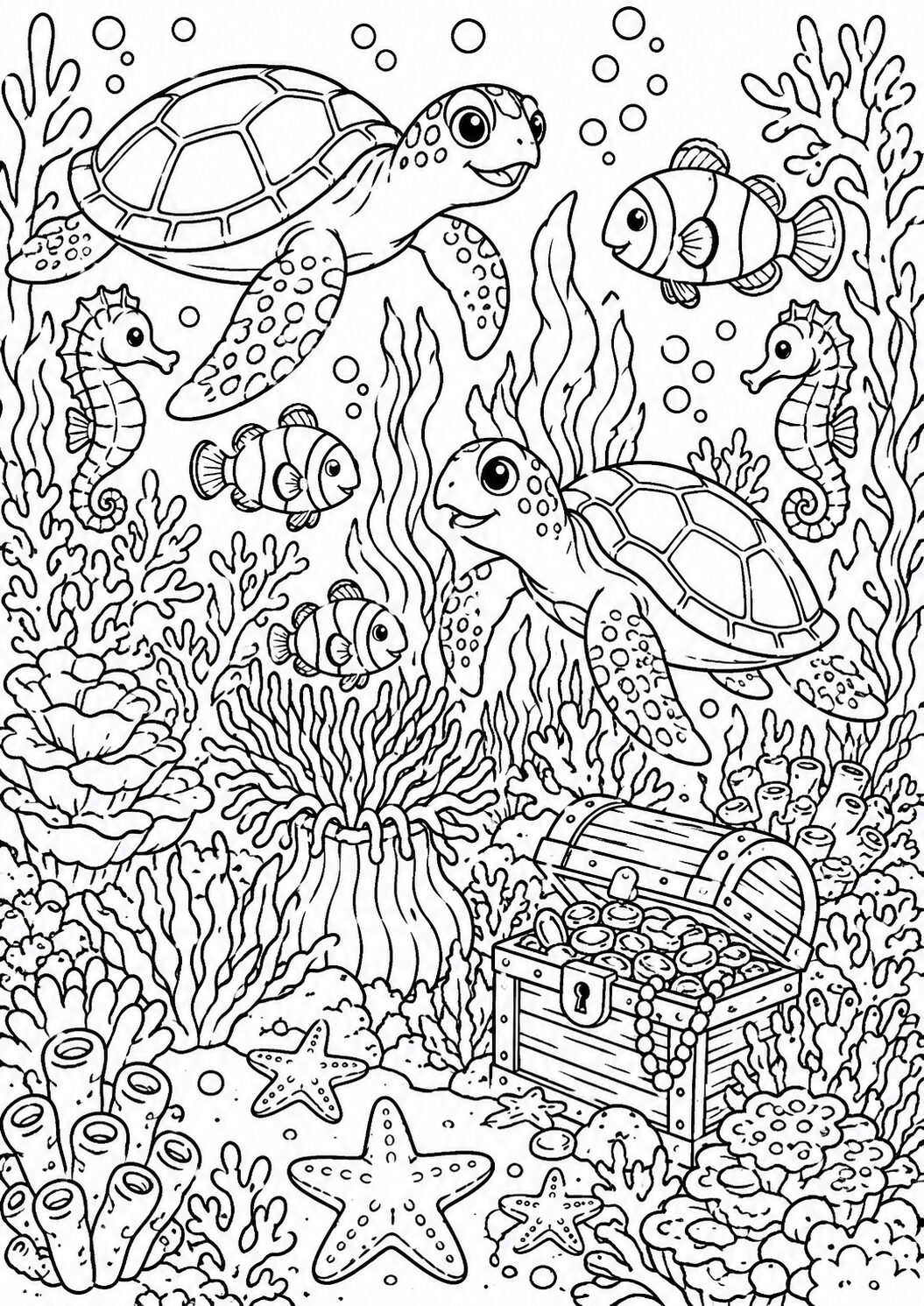 An underwater scene showcasing sea turtles, fish, and a treasure chest surrounded by coral reefs and seahorses. Ideal for kids to color while learning about ocean animals.