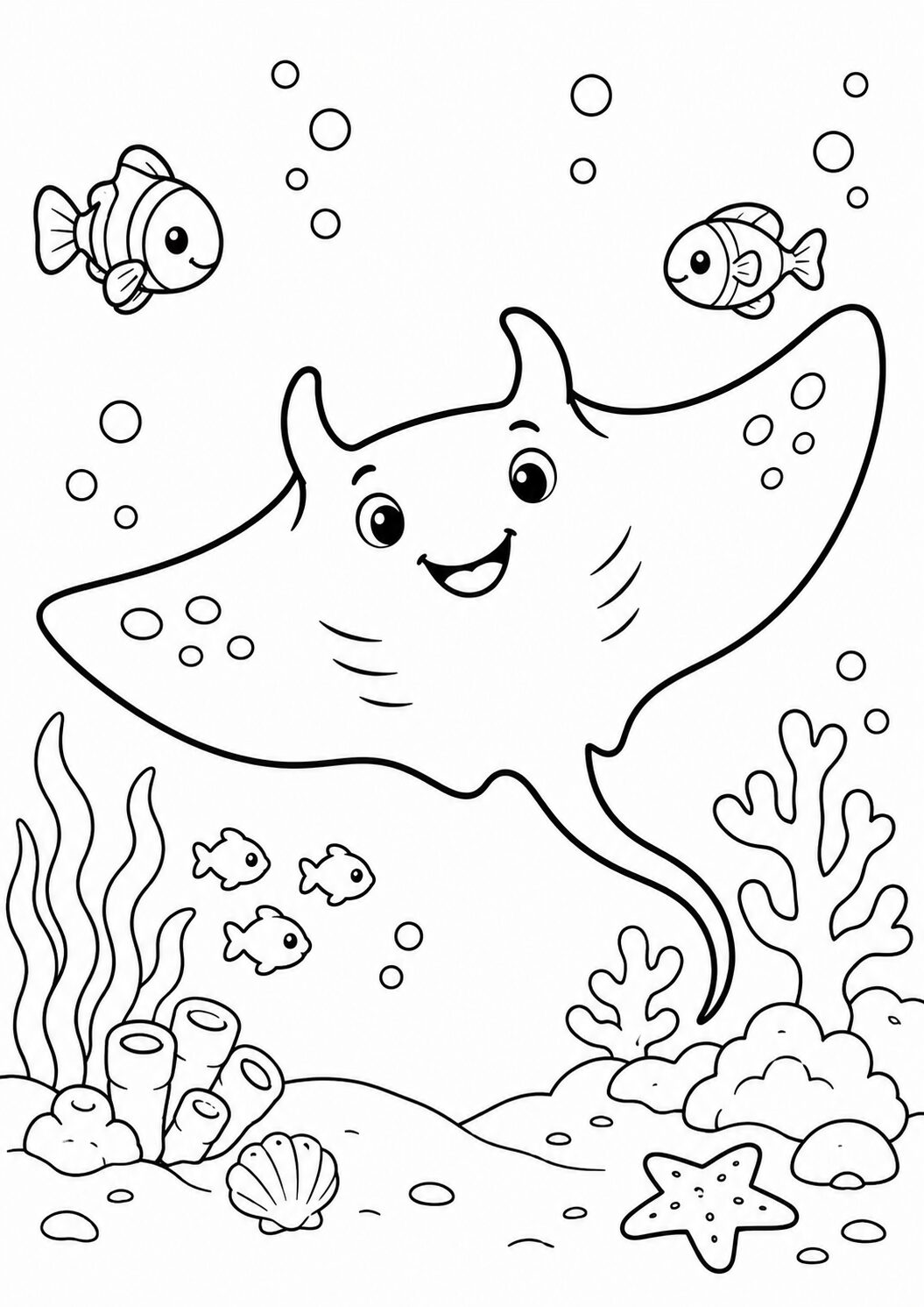A children’s coloring page showing a friendly stingray with a cheerful expression swimming among coral reefs and accompanied by various fish, bubbles, and undersea flora. Perfect for teaching kids about marine life and enhancing their artistic skills.