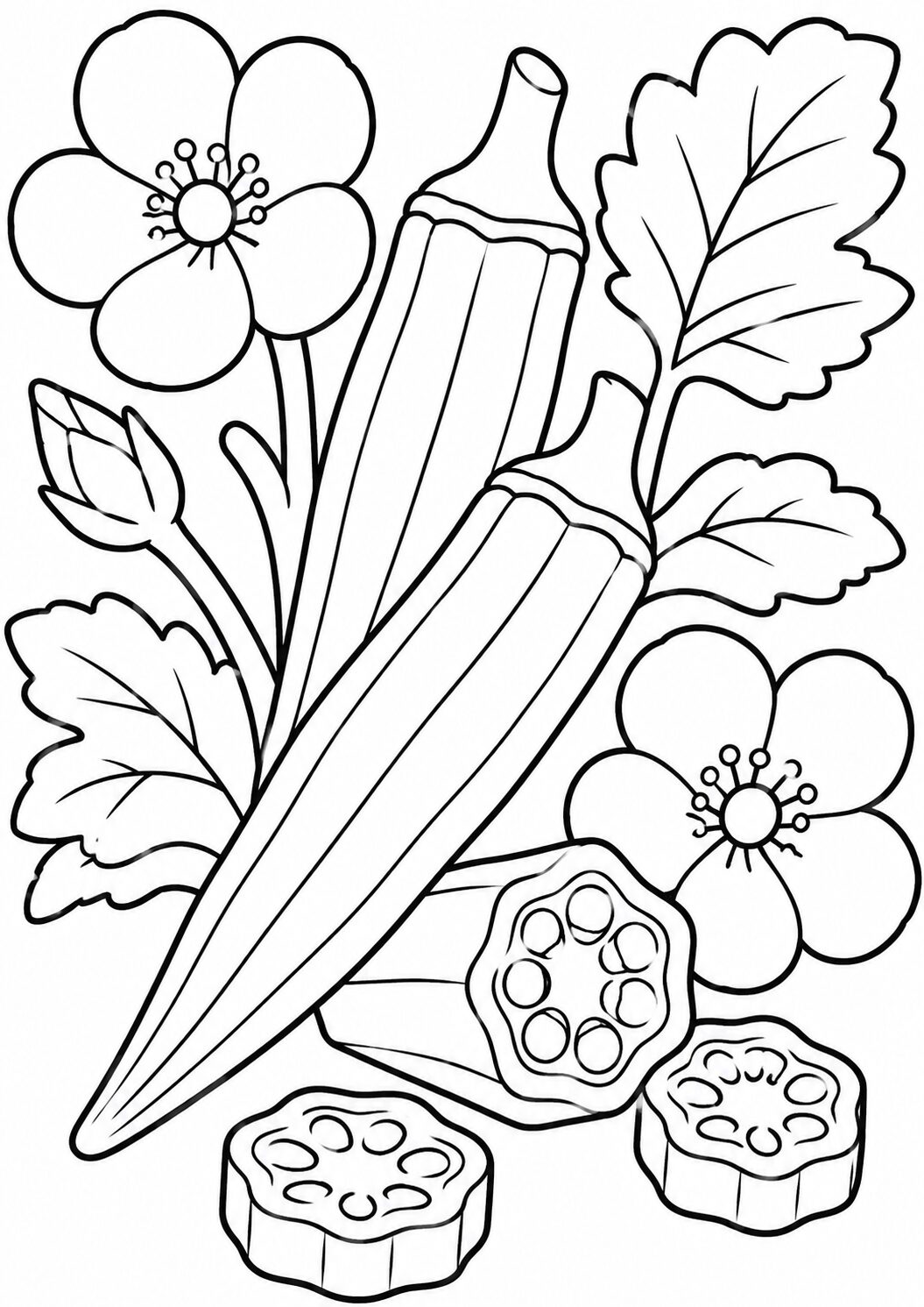 A detailed coloring page of okra featuring its pods, flowers, and leaves. Perfect for kids to explore nature through art and improve their coloring skills.