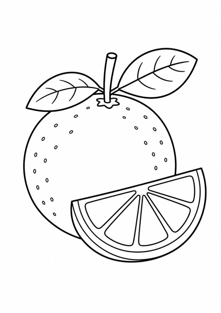 A fun coloring page with an orange fruit and a slice, along with two leaves for kids to color in vibrant shades.