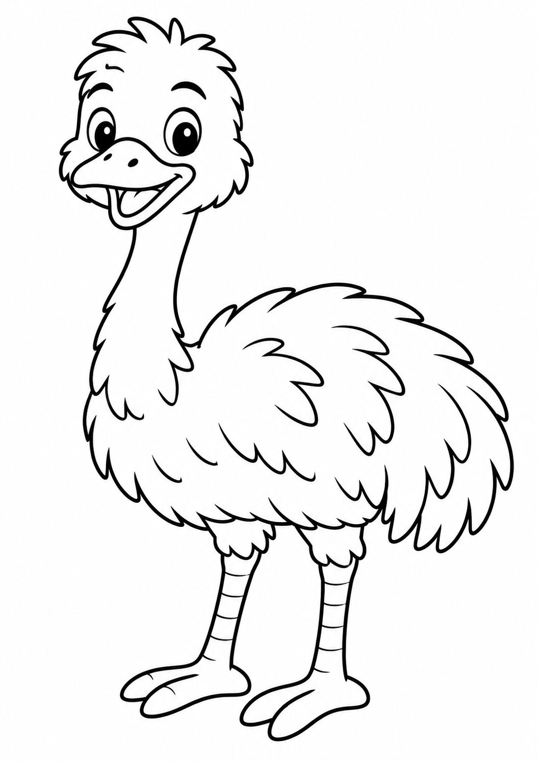 A cheerful ostrich coloring page where kids can color a fluffy ostrich. The illustration encourages creativity and fun while learning about animals.