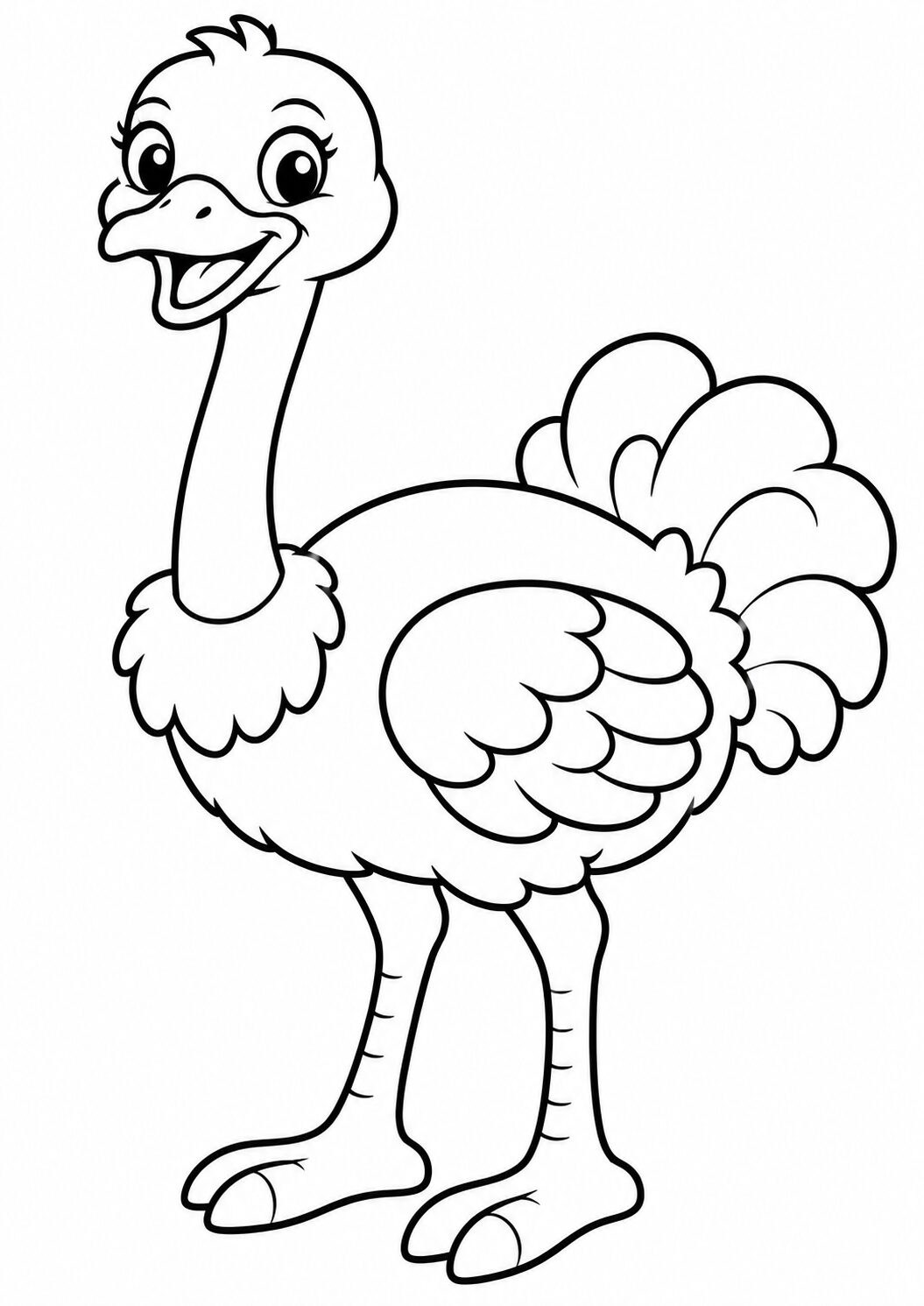 Happy ostrich with large eyes and fluffy feathers in a coloring page designed for kids to enjoy and add their favorite colors.