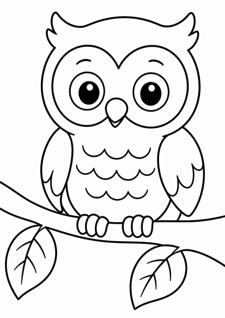A cute owl sits on a branch in this coloring page, inviting kids to add lively colors to its fluffy body and the leafy branch. Perfect for encouraging young artists to express their creativity with vibrant hues.