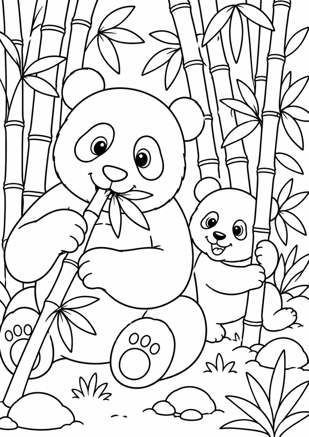 Adorable panda coloring page with a playful panda eating bamboo, surrounded by detailed bamboo stalks. Perfect for children to color and learn about wildlife.