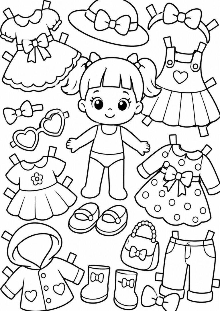 Kids will love this paper doll coloring page featuring a cute doll with various outfits and accessories. They can choose different clothes, shoes, and hats to color, enhancing creativity and fun. Perfect for creative expression.