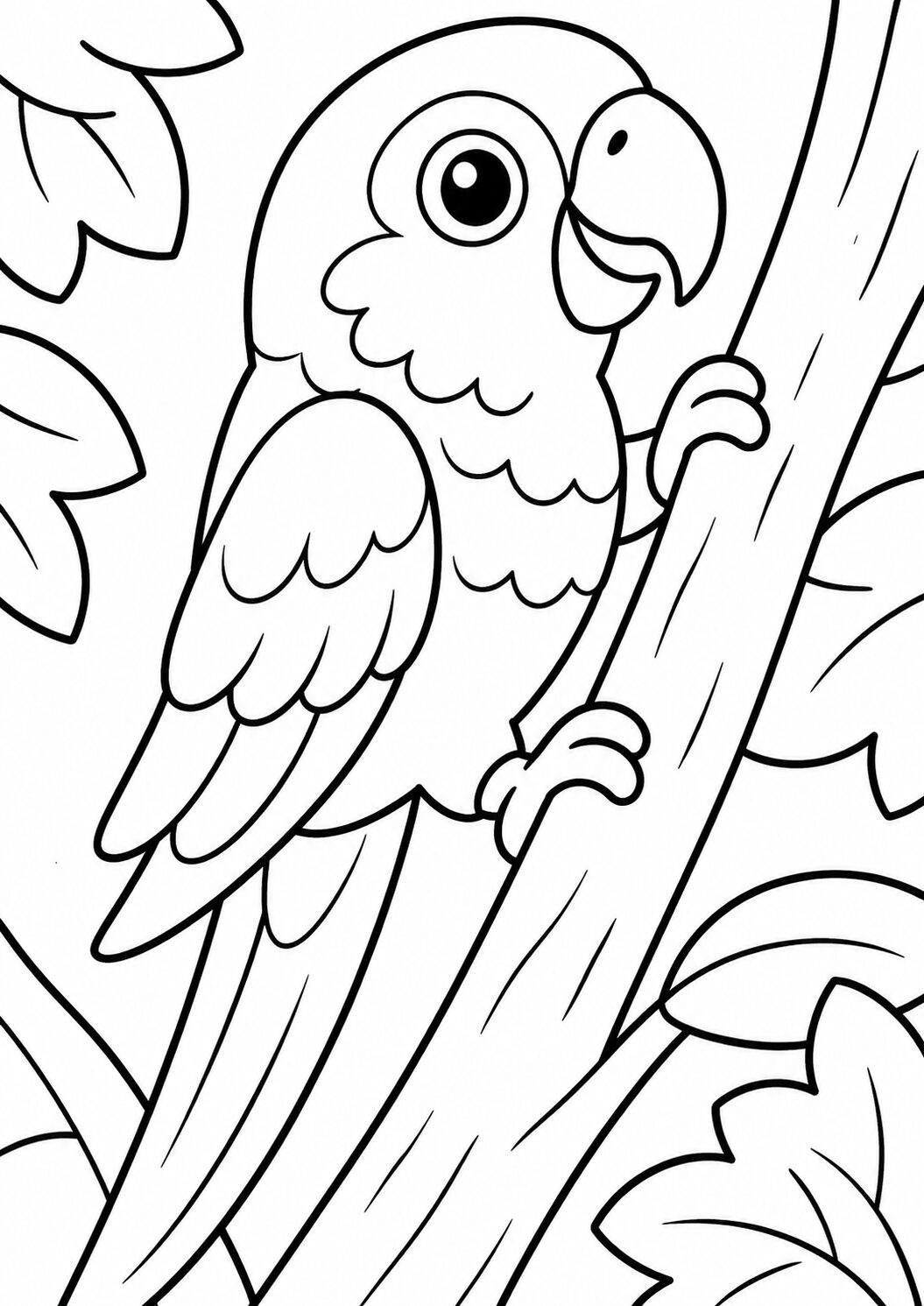 Children's coloring page displaying a parrot on a branch surrounded by leaves, designed to inspire creativity and joy in young artists through vibrant colors.