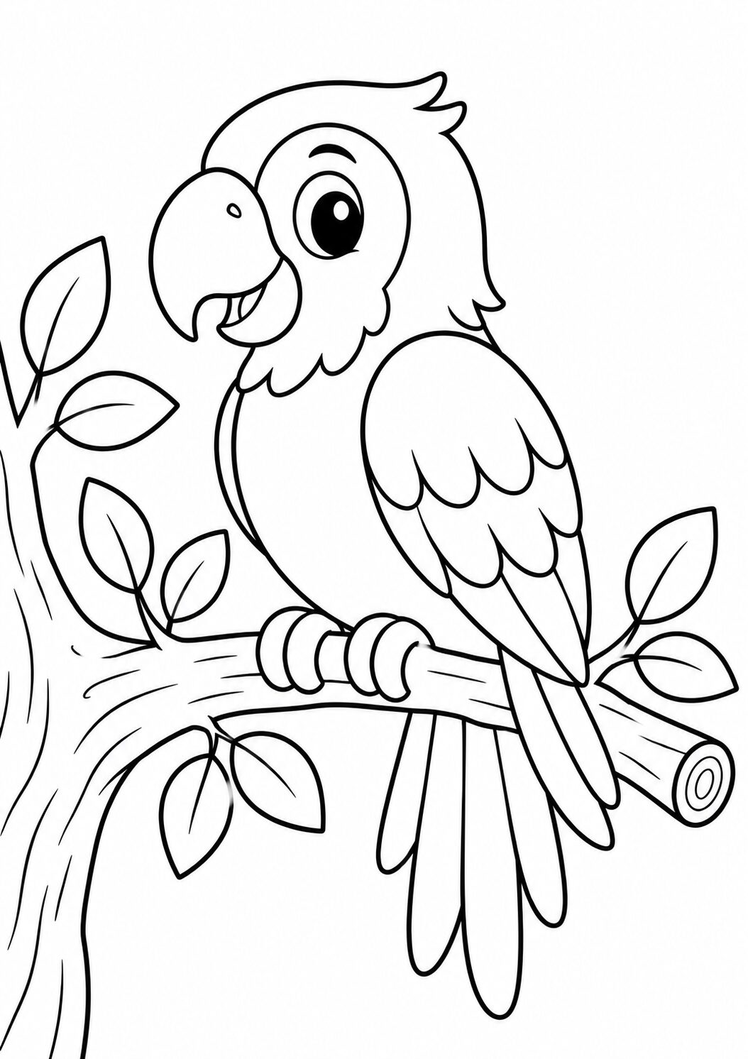 A cheerful parrot sitting on a tree branch, surrounded by leaves, depicted as an engaging coloring page for kids to bring alive with colors.
