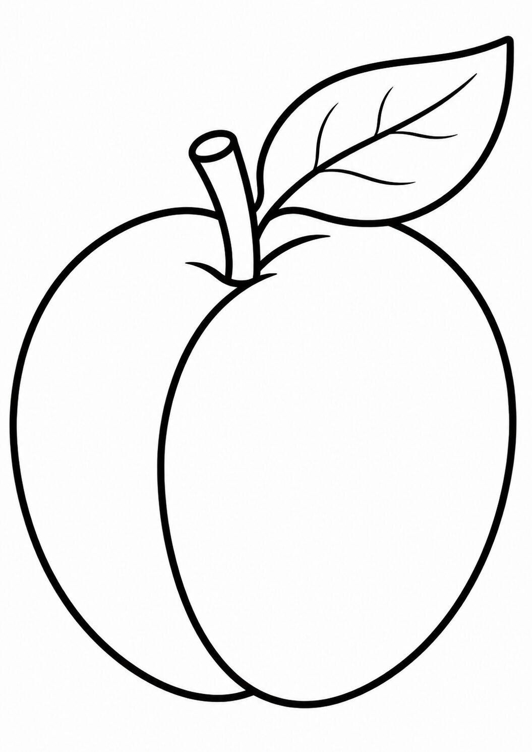 A peach coloring page showing a simple outline of a large peach with a leaf, perfect for children to color and learn about fruits in a fun and engaging way.