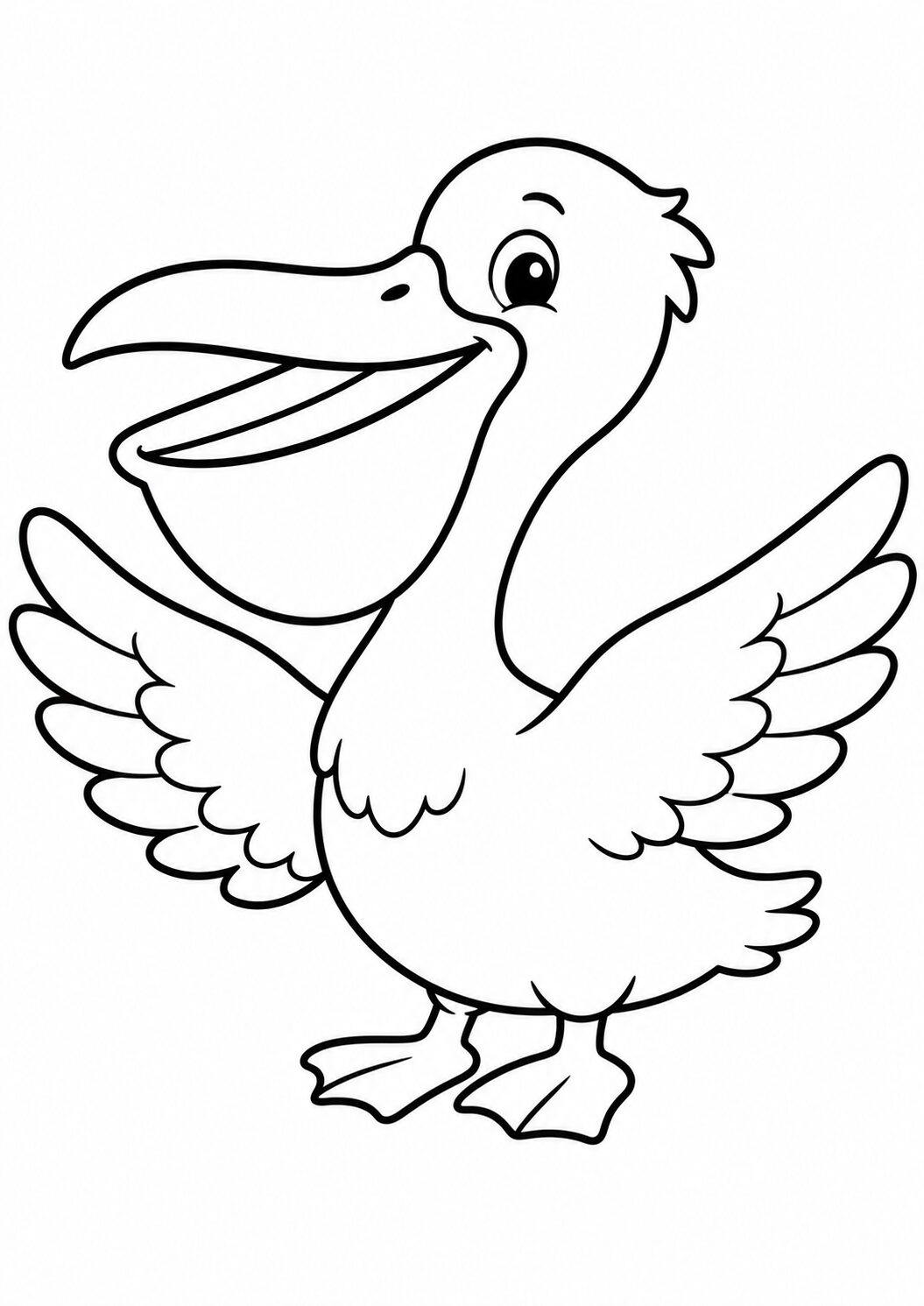 A cheerful pelican with large wings and an open beak, ready for children to color. The simple design invites young artists to add their creative touch.