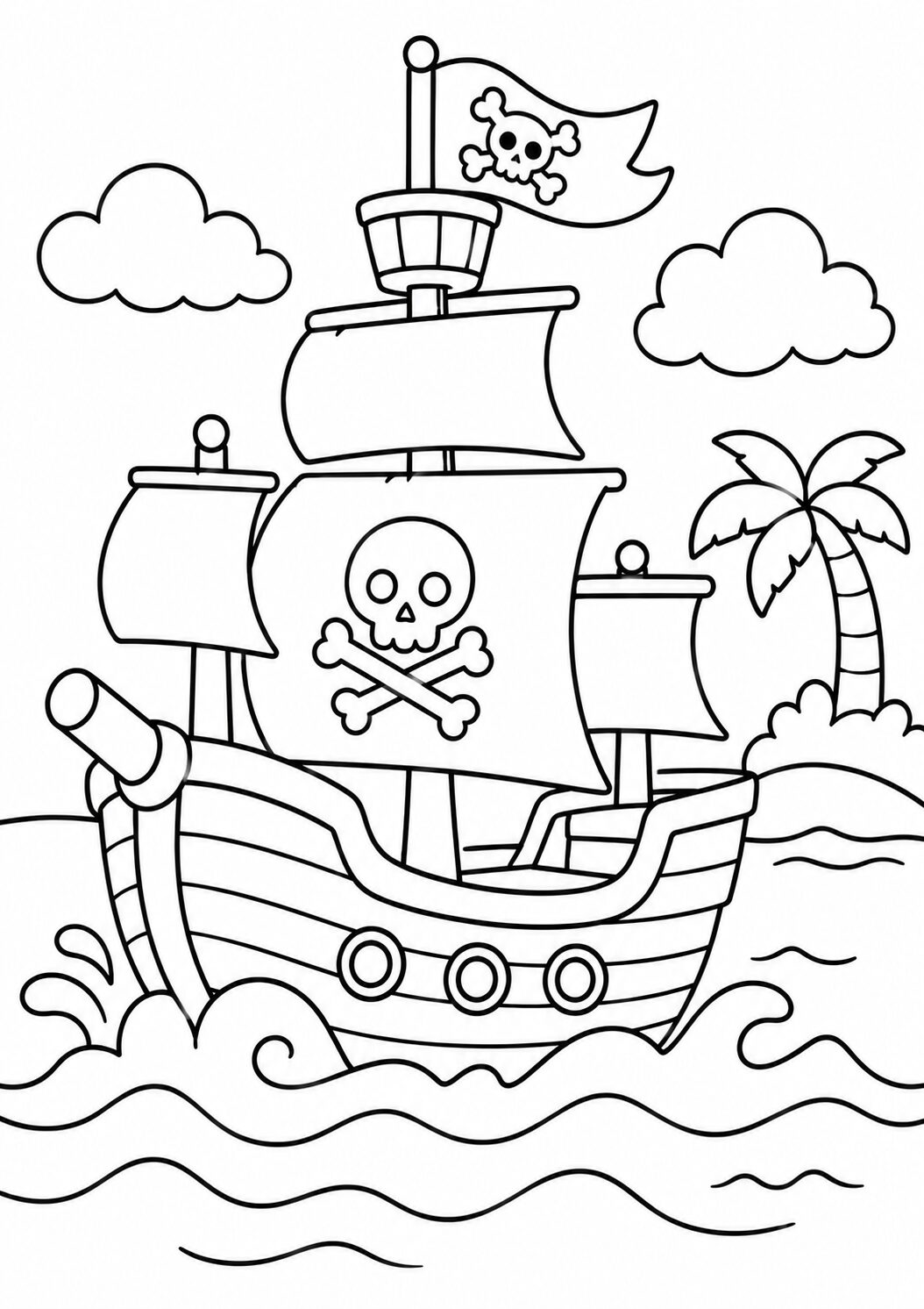 A coloring page depicting a pirate ship with sails and a skull and crossbones flag, sailing on the sea with waves and clouds, alongside a tropical island.