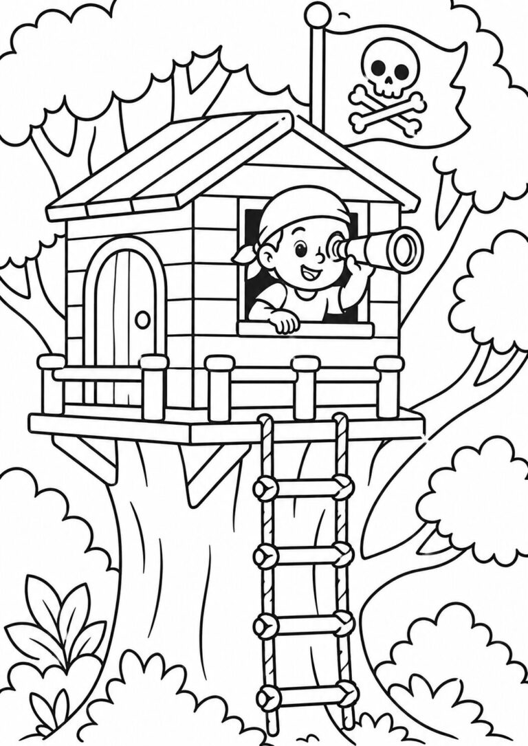 A pirate-themed treehouse with a child looking through a telescope. The treehouse is high in a tree with a skull and crossbones flag, providing a fun and adventurous coloring experience for kids.