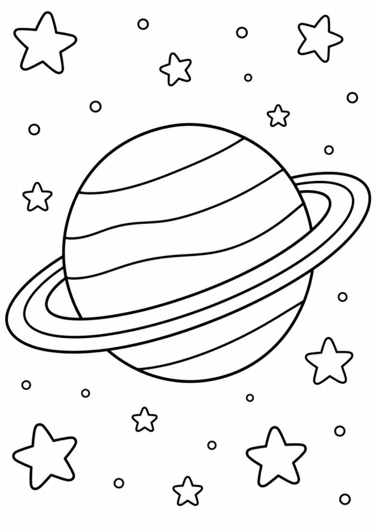 A fun planet coloring page showing a big planet with rings, accompanied by stars, ideal for inspiring kids to learn about space.