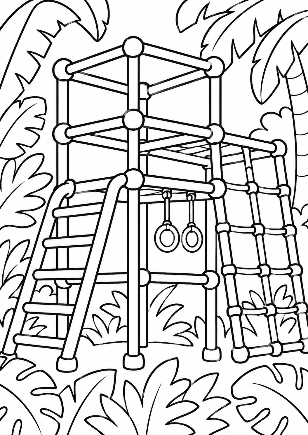 Children's coloring page depicting a jungle gym. Includes a ladder, climbing ropes, and surrounded by leafy plants. Encourages creative play for children as they color the playground equipment and background greenery.