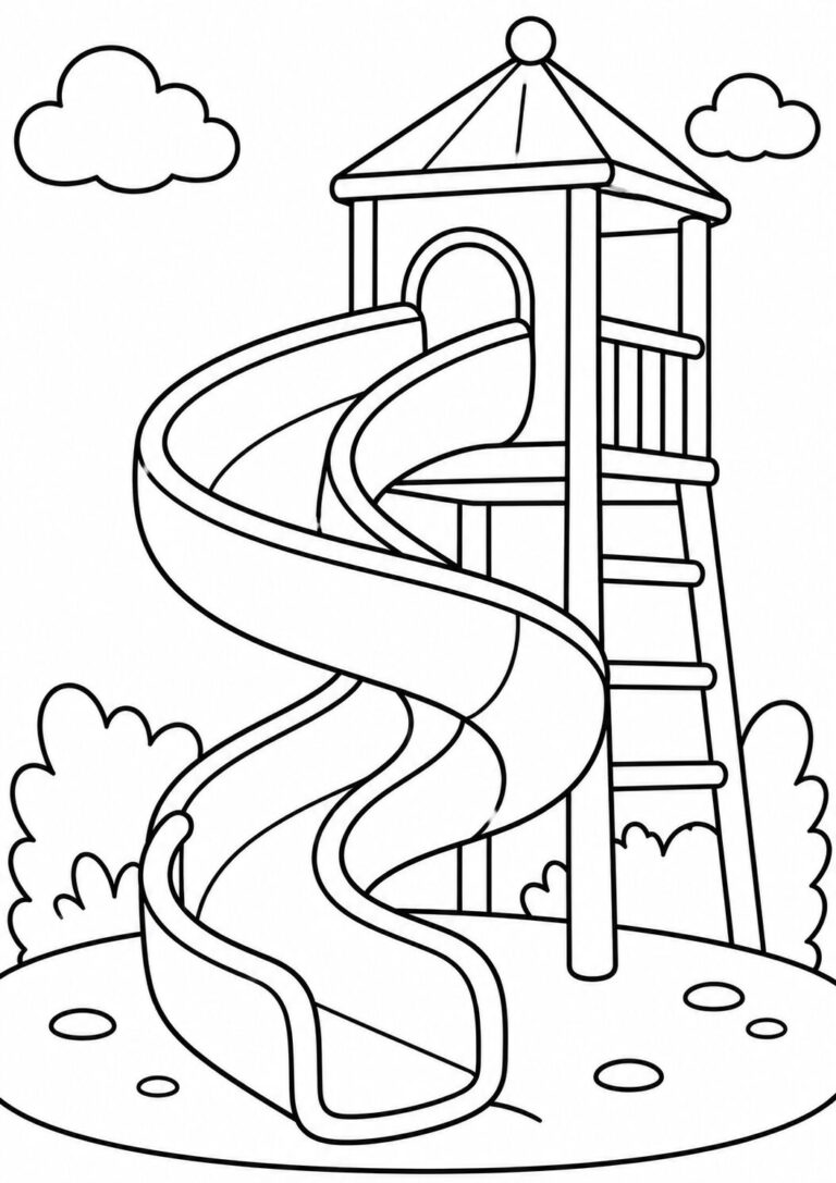 A detailed coloring page showing a spiral playground slide surrounded by clouds and bushes. It's perfect for children ready to explore their creativity with vibrant colors.