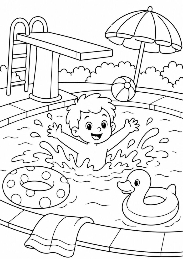 A child having fun in a pool with a rubber duck and beach ball, depicting a perfect summer day for coloring activities.