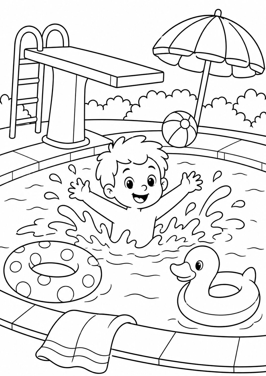 A child having fun in a pool with a rubber duck and beach ball, depicting a perfect summer day for coloring activities.