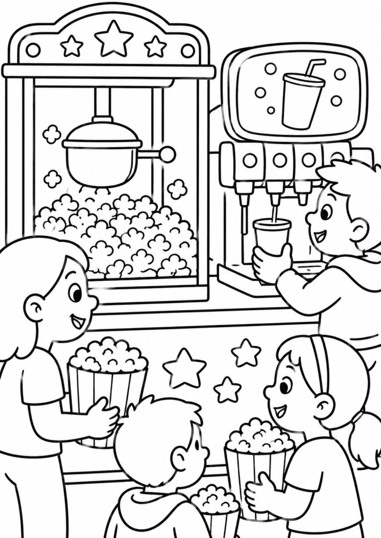 Children fill popcorn buckets and cups at a busy snack station. The scene includes a popcorn machine and drink dispenser, providing a fun coloring challenge for kids. Ideal for young artists to bring their creative skills to life.