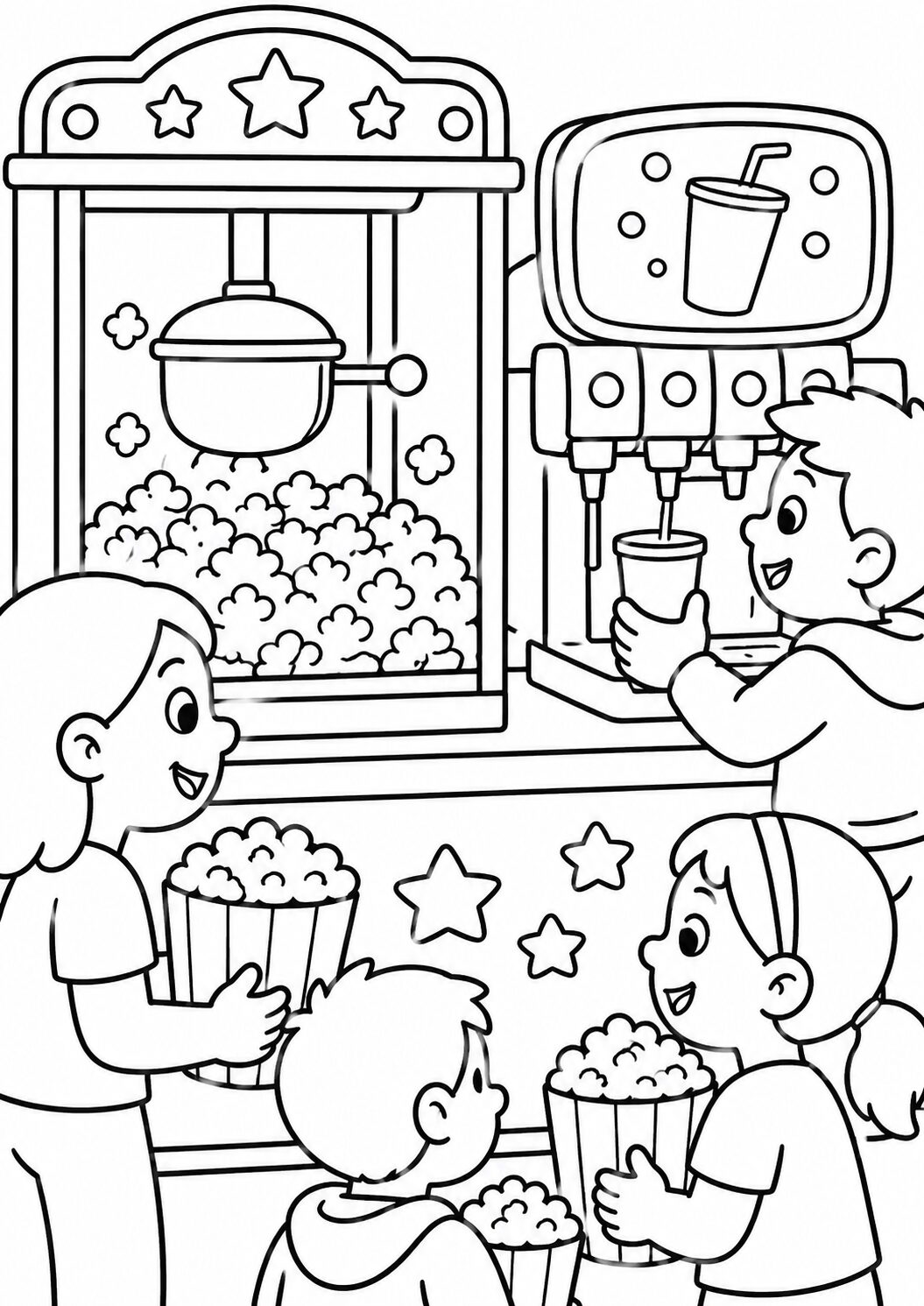 Children fill popcorn buckets and cups at a busy snack station. The scene includes a popcorn machine and drink dispenser, providing a fun coloring challenge for kids. Ideal for young artists to bring their creative skills to life.