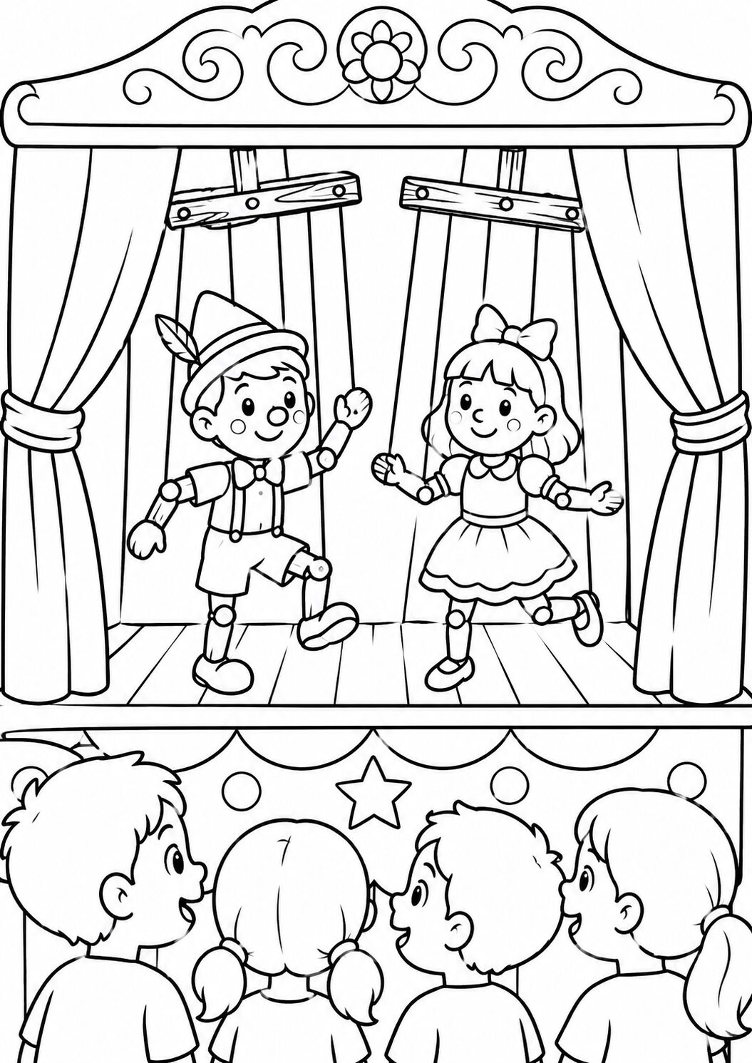 A puppet theater coloring page with two charming puppets on a stage. Eager children form the audience, watching the performance with delight.