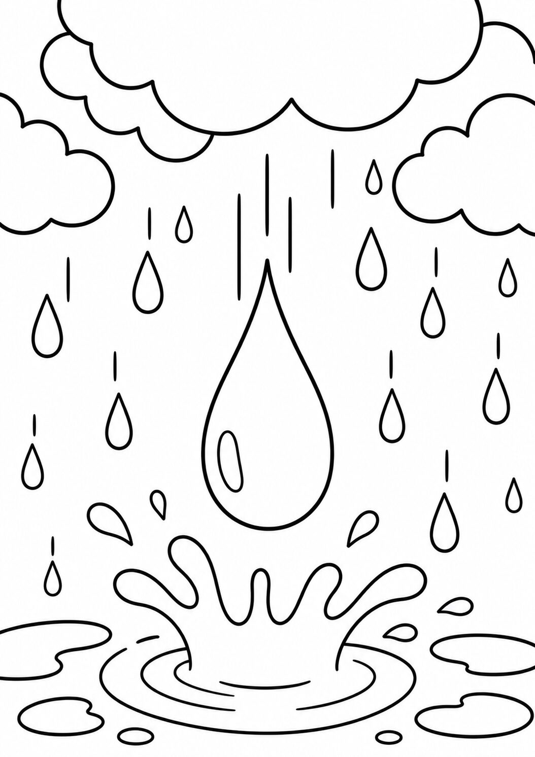 A simple coloring page of clouds with raindrops falling down, splashing into puddles. This page invites children to add colors, enhancing their understanding of rain and weather.
