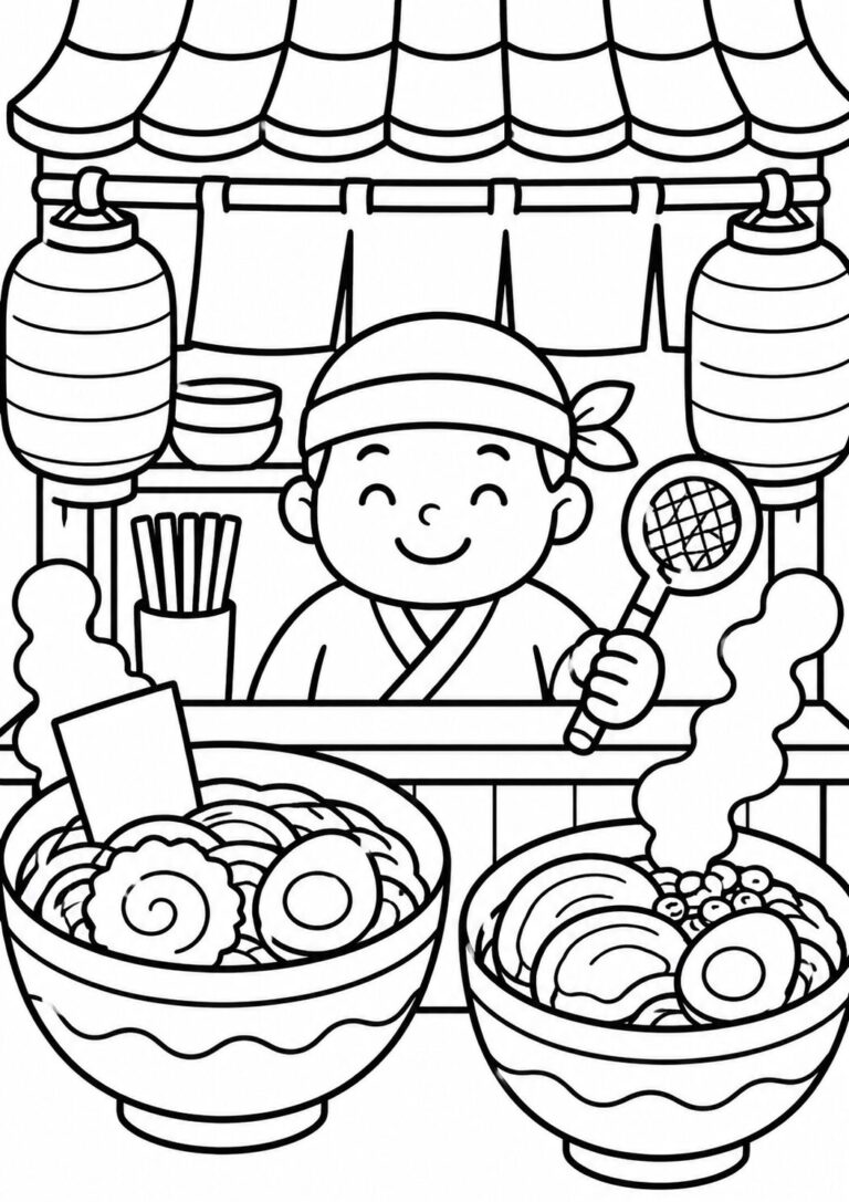 A detailed coloring page showing a cheerful ramen vendor at a traditional Japanese stand with bowls of ramen, lanterns, and chopsticks, designed for children to color and learn.