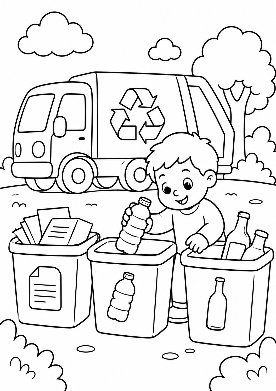 A child sorts recyclables into separate bins labeled for paper, plastic, and glass. A recycling truck is parked behind them, reinforcing the theme of environmental care and sustainability, providing a clear learning message for children.