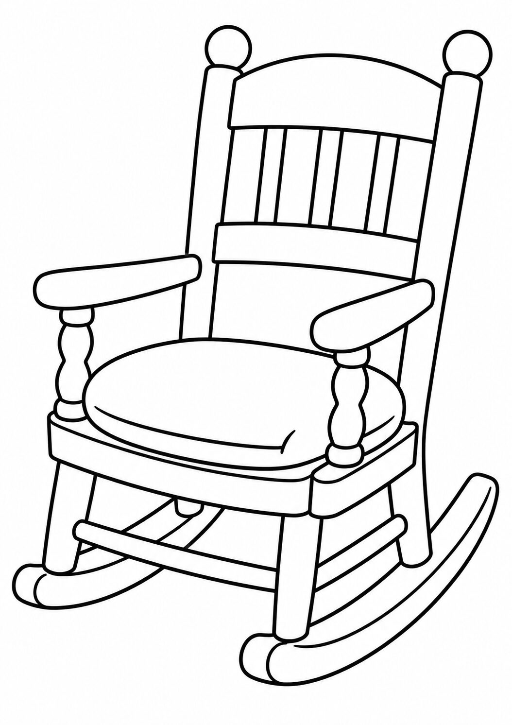 A simple coloring page showing the outline of a classic rocking chair. The design includes details such as curved legs for rocking and a cushioned seat, inviting children to use their imagination and color it vibrantly.