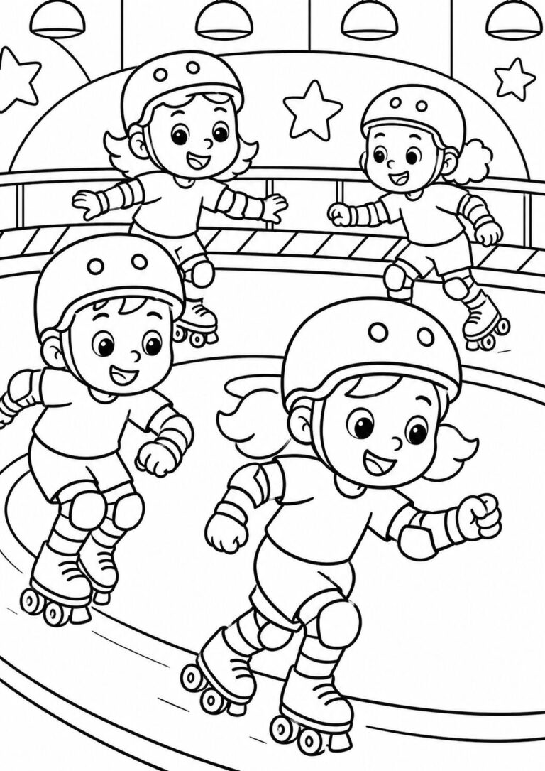 Four children wearing helmets and pads roller skate happily on a track, surrounded by stars on the walls, offering a vibrant activity for kids to color.